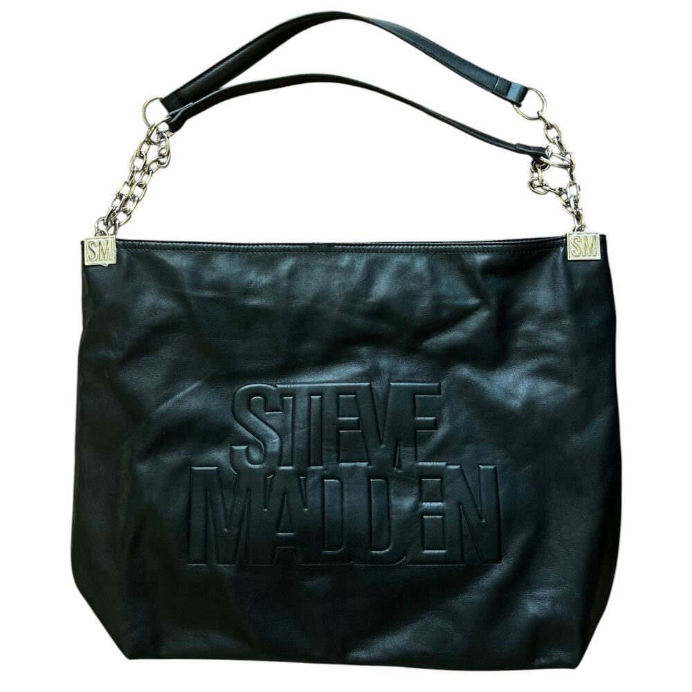 Steve Madden BSHARON Black Oversized Logo Chain Tote Shoulder Bag